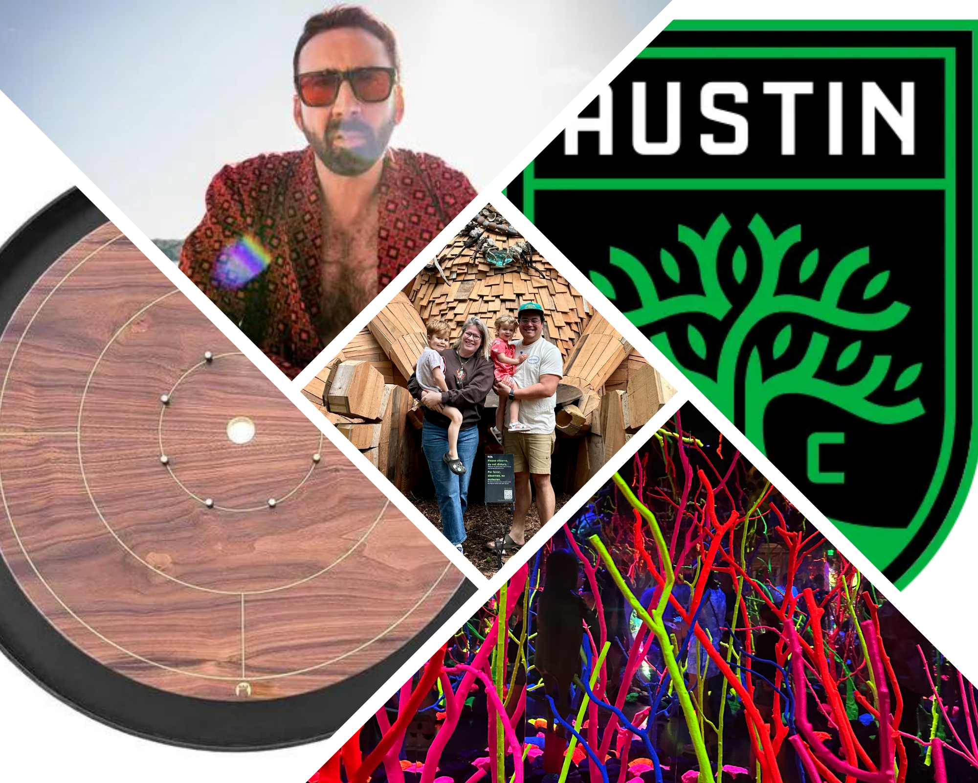 Pictures of Nic Cage, crokinole, Austin FC, and Meow Wolf